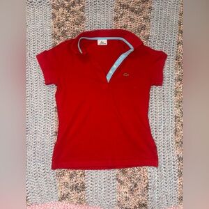 Red Lacoste Polo With Blue Button Up Detail